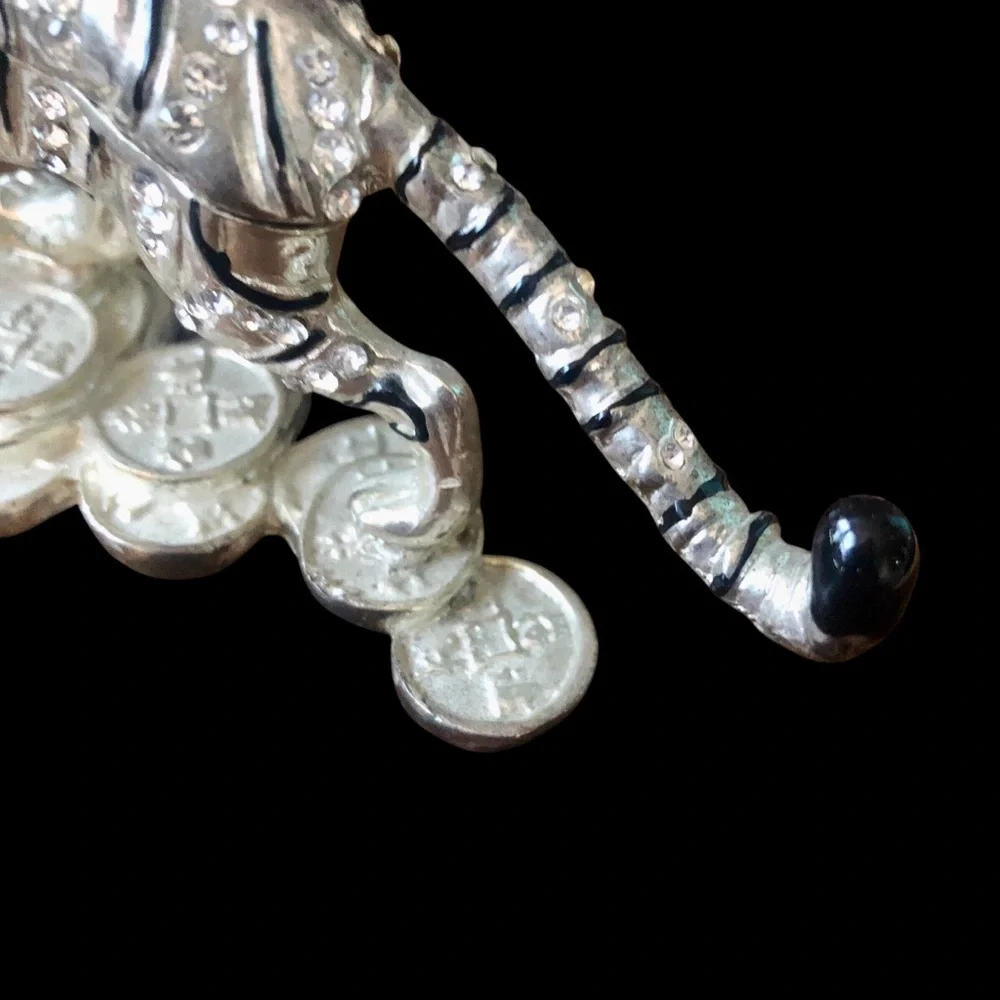 Ornate Silver Tone Tiger Trinket Box Enamel Rhinestone Hinged Magnetic Feng Shui